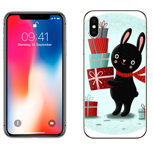 Наклейка на Телефон Apple iPhone X Черный кролик с подарками,  купить в Москве – интернет-магазин Allskins, кролики, заяц, читатель, новый год, символ, черный, красный, бирюзовый, символ_года, подарки