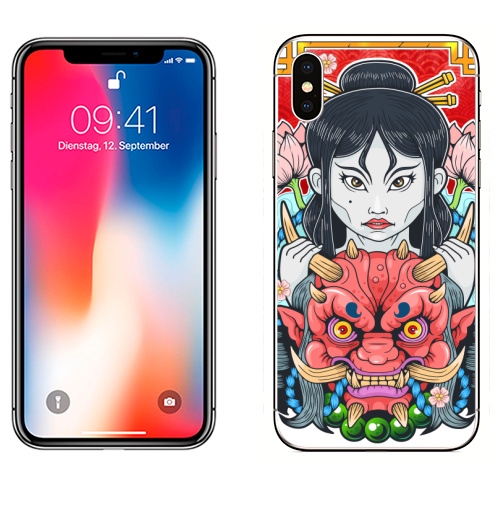 Наклейка на Телефон Apple iPhone X Девушка и демон,  купить в Москве – интернет-магазин Allskins, Япония, гейша, они, демоны, девушка, мистика, монстры, азия, мифология, магия, фэнтези