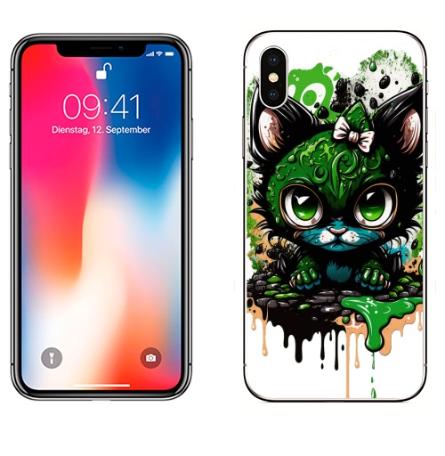 Наклейка на Телефон Apple iPhone X Кошка в красках,  купить в Москве – интернет-магазин Allskins, стритарт, кошка, граффити, краски, акварель