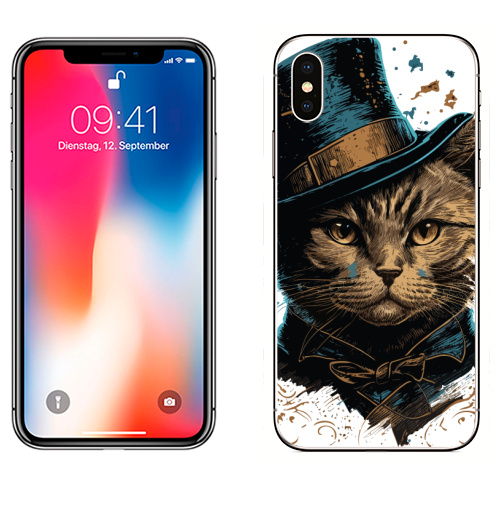Наклейка на Телефон Apple iPhone X Кот в цилиндре,  купить в Москве – интернет-магазин Allskins, поп-арт, котята, котопринт, популярный, шляпа, искусство