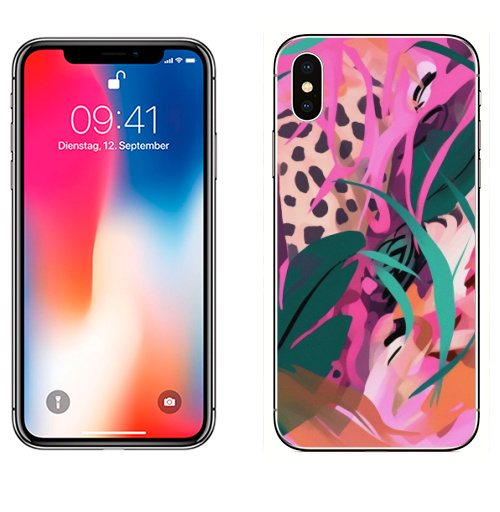 Наклейка на Телефон Apple iPhone X Дикая природа в тропическом лесу,  купить в Москве – интернет-магазин Allskins, поп-арт, природа, леопард, тропические, тропики, растение, розовый, зеленый, леопардовый, оранжевый, живописный, абстракция