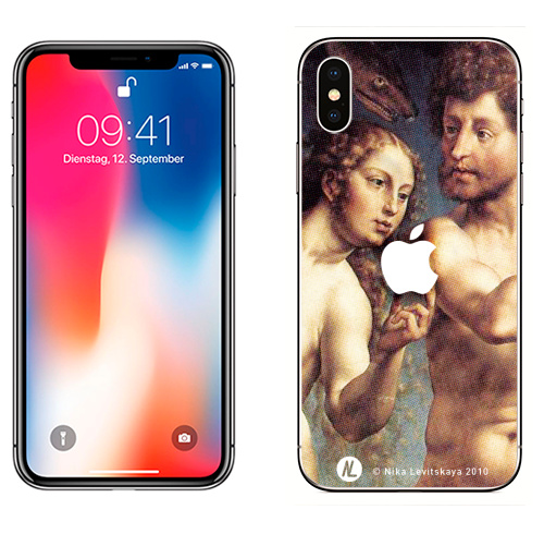 Наклейка на Телефон Apple iPhone X Adam&Eve,  купить в Москве – интернет-магазин Allskins, классика, фрукты, яблоко