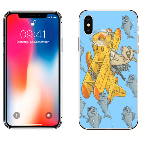 Наклейка на Телефон Apple iPhone X Мэт и Шитцу на охоте,  купить в Москве – интернет-магазин Allskins, милые животные, желтый, мужик, дробовик, военные, охота, кошка, рыба, животные, голубой