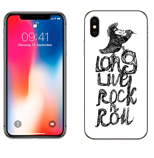 Наклейка на Телефон Apple iPhone X Long live rock-n-roll,  купить в Москве – интернет-магазин Allskins, надписи на английском, черно-белое, надписи, музыка