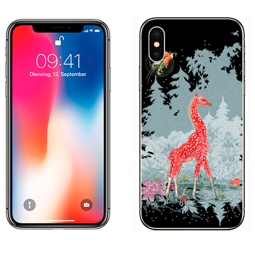 Наклейка на Телефон Apple iPhone X Жираф-мухомор в зимнем лесу,  купить в Москве – интернет-магазин Allskins, детские, животные, красный, лес, ночь, природа, сказки, грибы, прикольные_рисунки, милые животные, жираф, серый, новогоднеенастроение, снег