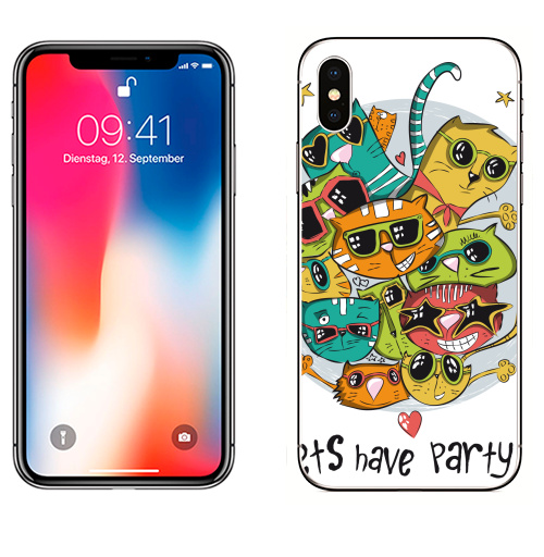 Наклейка на Телефон Apple iPhone X Let's have a party,  купить в Москве – интернет-магазин Allskins, новый год, животные, Подарок, кошка, очки, персонажи, яркий