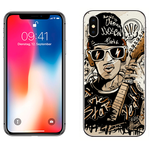 Наклейка на Телефон Apple iPhone X Rock Man,  купить в Москве – интернет-магазин Allskins, музыка, гитара, шапка, музыкант, rock