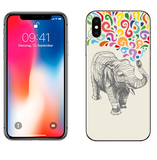 Наклейка на Телефон Apple iPhone X Слон,  купить в Москве – интернет-магазин Allskins, 300 Лучших работ, животные, графика, брызги, слоны, разноцветное, фонтан