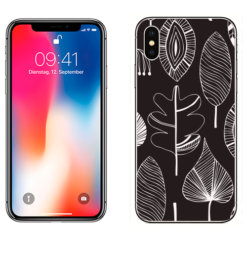 Наклейка на Телефон Apple iPhone X Black & white leaves,  купить в Москве – интернет-магазин Allskins, цветы, графика, лес, листья, осень, природа, черно-белое, необычный