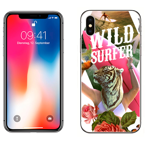 Наклейка на Телефон Apple iPhone X Wild surfer2,  купить в Москве – интернет-магазин Allskins, тигры, морская, волны, серфинг