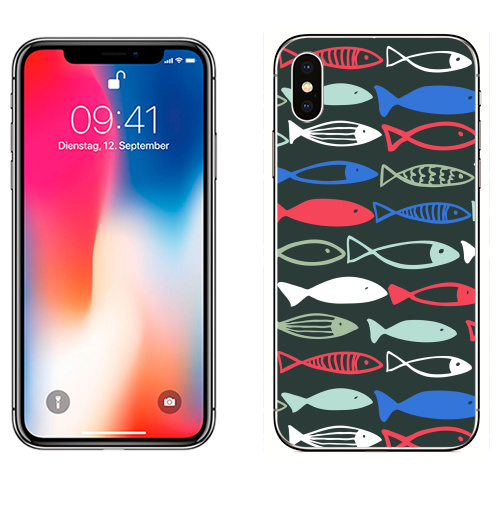 Наклейка на Телефон Apple iPhone X Веселые рыбехи,  купить в Москве – интернет-магазин Allskins, милые животные, детские, океаны, морская, лето, вода, графика, рыба, животные
