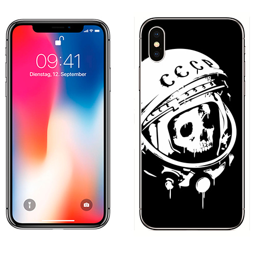 Наклейка на Телефон Apple iPhone X Прости, Юра,  купить в Москве – интернет-магазин Allskins, Гагарин, тёмное, подтеки, грандж, холод, череп, пустота, капли, космос