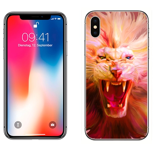 Наклейка на Телефон Apple iPhone X Lion Colored,  купить в Москве – интернет-магазин Allskins, цвет, лев, розовый