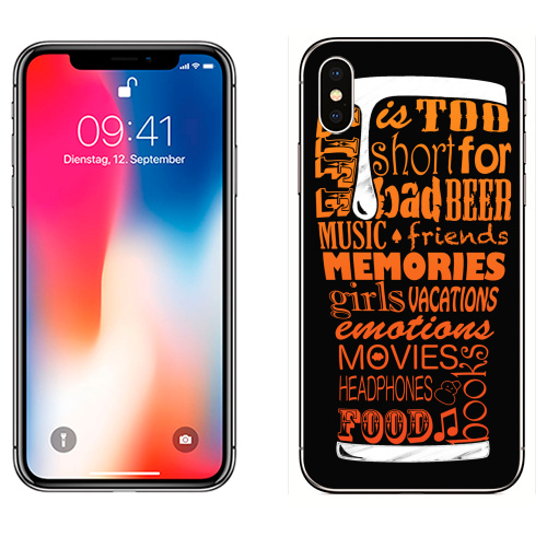Наклейка на Телефон Apple iPhone X Life Is Too Short,  купить в Москве – интернет-магазин Allskins, надписи на английском, прикольные надписи, надписи, пиво, стакан