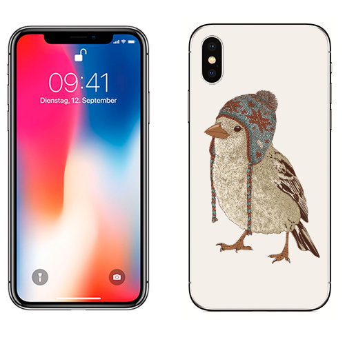 Наклейка на Телефон Apple iPhone X Птица в шапке,  купить в Москве – интернет-магазин Allskins, 300 Лучших работ, пипстер, шапка, птицы, зима, новый год, коричневый, крутые животные