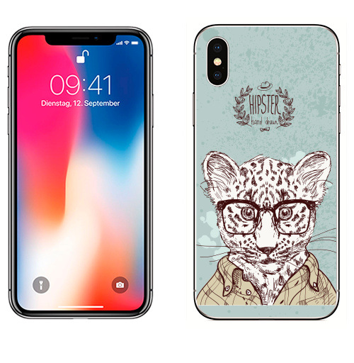 Наклейка на Телефон Apple iPhone X Hipster wild,  купить в Москве – интернет-магазин Allskins, милые животные, ретро, животные, тигры, винтаж, очки, хипстер