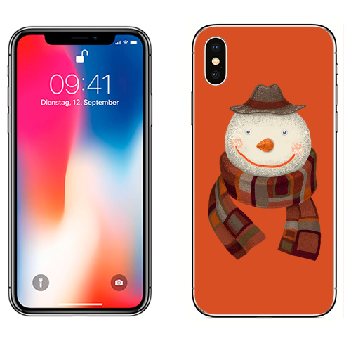 Наклейка на Телефон Apple iPhone X Снеговик,  купить в Москве – интернет-магазин Allskins, модный, шляпа, шарф, тепло, новый год
