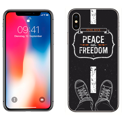 Наклейка на Телефон Apple iPhone X Peace and Freedom,  купить в Москве – интернет-магазин Allskins, музыка, свобода, кеды, дорога, мир, панк