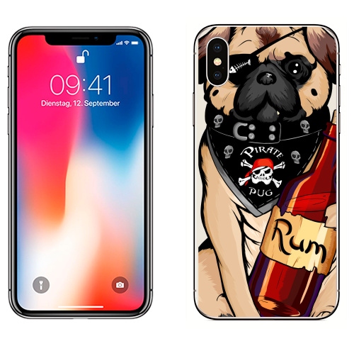 Наклейка на Телефон Apple iPhone X Pirate pug,  купить в Москве – интернет-магазин Allskins, бульдог, Мопс, собаки, алкоголь, пират, животные