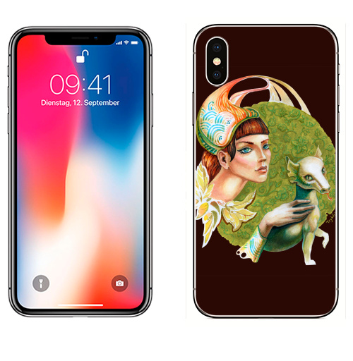 Наклейка на Телефон Apple iPhone X Портрет Сесилии Галлерани - 2,  купить в Москве – интернет-магазин Allskins, животные, девушка, зеленый, лицо, декоративный