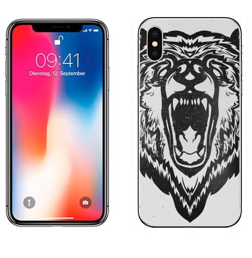 Наклейка на Телефон Apple iPhone X Медведь,  купить в Москве – интернет-магазин Allskins, черно-белое, медведь, черный, графика, животные, голова