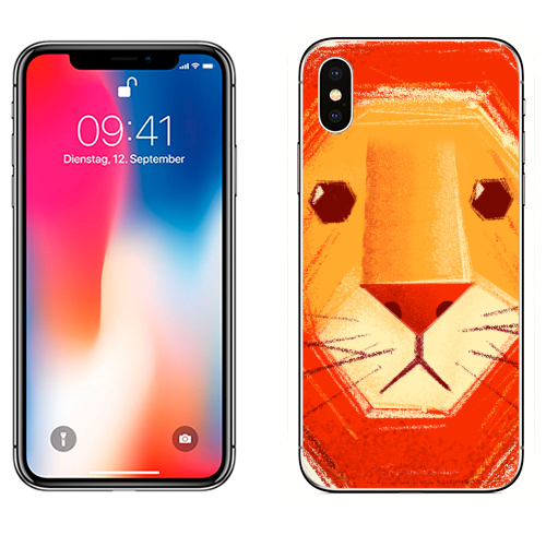 Наклейка на Телефон Apple iPhone X Грустный лев,  купить в Москве – интернет-магазин Allskins, милые животные, детские, животные, любовь, желтый, лето, оранжевый, печаль, король, грустные, печальный