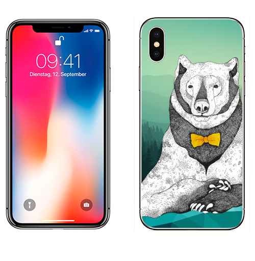 Наклейка на Телефон Apple iPhone X Интеллигентный мишка,  купить в Москве – интернет-магазин Allskins, зеленый, животные, медведь, синий
