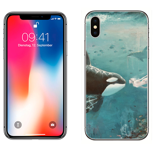 Наклейка на Телефон Apple iPhone X Орка,  купить в Москве – интернет-магазин Allskins, голубой, любовь, касатка, морская, подводная, дельфины, девушка, зеленый