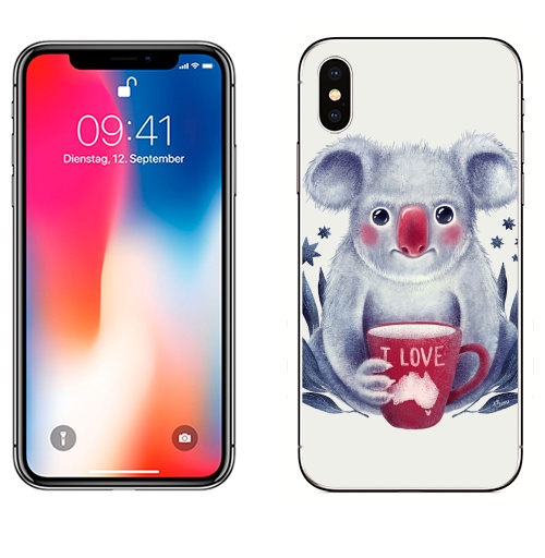 Наклейка на Телефон Apple iPhone X Любитель Австралии,  купить в Москве – интернет-магазин Allskins, милые животные, эвкалипт, животные, Австралия, чай и кофе, любовь, коала, детские