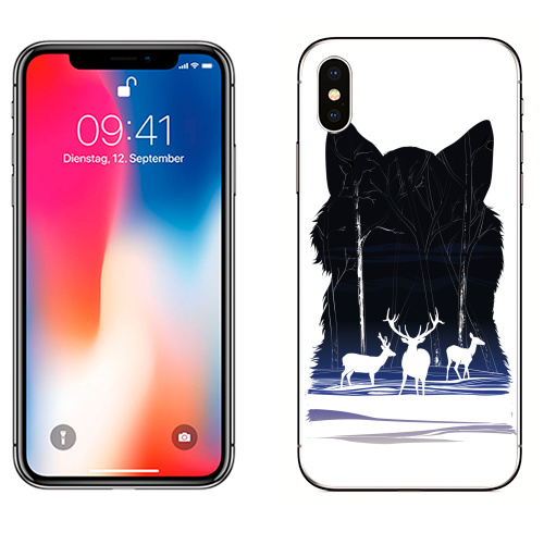 Наклейка на Телефон Apple iPhone X Снежные олешки,  купить в Москве – интернет-магазин Allskins, черный, природа, зима, лес, волк, олень