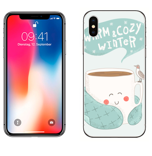 Наклейка на Телефон Apple iPhone X Теплая зима,  купить в Москве – интернет-магазин Allskins, чайка, снег, чай и кофе, уют, зима, новый год
