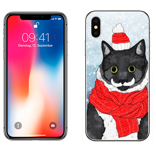 Наклейка на Телефон Apple iPhone X Рождественский Кот,  купить в Москве – интернет-магазин Allskins, шапка, кошка, новый год, снег, зима, пикник, крутые животные