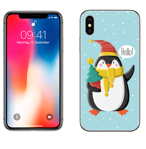 Наклейка на Телефон Apple iPhone X Пингвин с ёлкой,  купить в Москве – интернет-магазин Allskins, шапка, снег, новый год, пингвин, детские