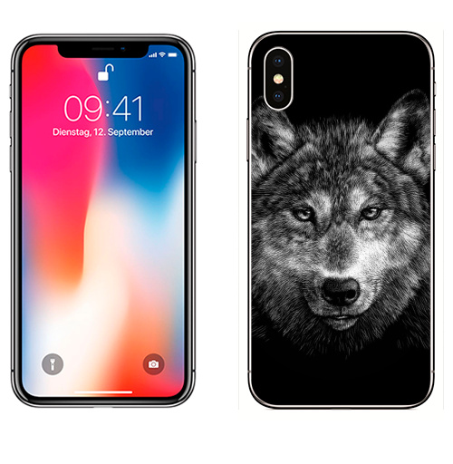 Наклейка на Телефон Apple iPhone X Волчище,  купить в Москве – интернет-магазин Allskins, морда, животные, волк, полностьючерный, 300 Лучших работ