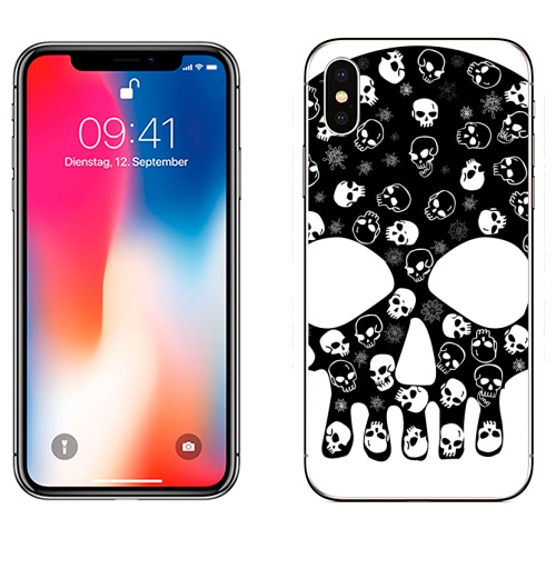 Наклейка на Телефон Apple iPhone X Белые черепа на черном,  купить в Москве – интернет-магазин Allskins, белые, апокалипсис, зомби, пират, черныйфон, черно-белое, череп, унисекс, бесшовный, монохром, паттерн, графика, черный, белый, музыка