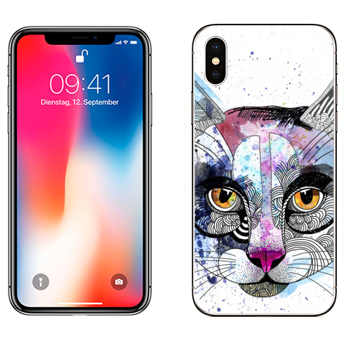 Наклейка на Телефон Apple iPhone X Кошка графика,  купить в Москве – интернет-магазин Allskins, милые животные, акварель, персонажи, графика, животные, кошка