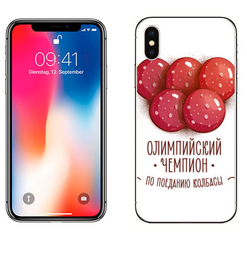 Наклейка на Телефон Apple iPhone X Олимпийский чемпион по поеданию колбасы,  купить в Москве – интернет-магазин Allskins, надписи, прикол, еда, рисунки