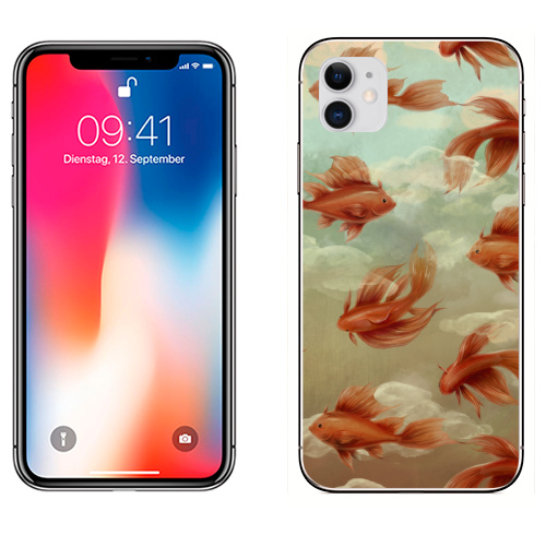 Наклейка на Телефон Apple iPhone 11 Красные рыбки,  купить в Москве – интернет-магазин Allskins, морская, рыба, паттерн, небо