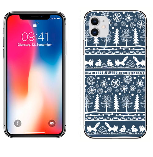 Наклейка на Телефон Apple iPhone 11 Зимний лес,  купить в Москве – интернет-магазин Allskins, зима, лиса, лес, деревья, заяц, забавный, паттерн, снег