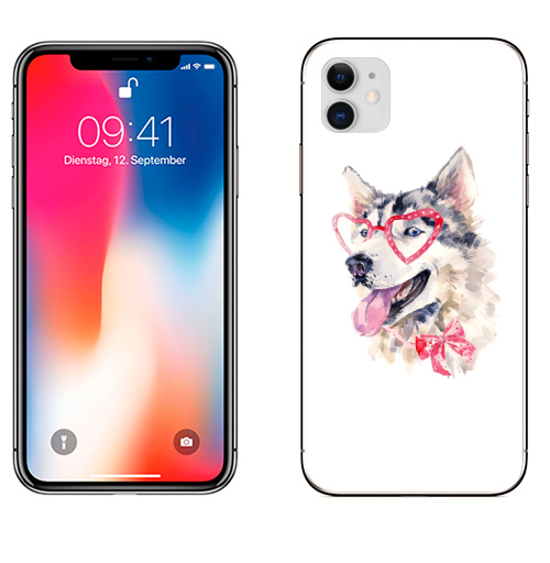 Наклейка на Телефон Apple iPhone 11 Модная собака,  купить в Москве – интернет-магазин Allskins, крутые животные, милые животные, мило, хаски, розовый, очки, акварель, собаки, детские