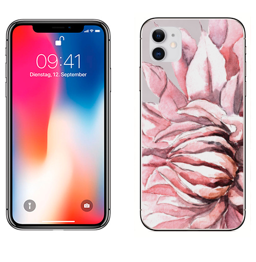 Наклейка на Телефон Apple iPhone 11 Георгины,  купить в Москве – интернет-магазин Allskins, акварель, пастель, пастельный, пастельные, нежно, розовый, георгин, сиреневый, крупный, запечатка