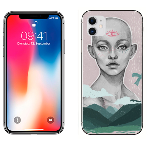 Наклейка на Телефон Apple iPhone 11 Дух жизни,  купить в Москве – интернет-магазин Allskins, изумрудный, зеленый, розовый, небо, карандаш, графика, лицо, природа, черно-белое, птицы, пастельный, горы, глаз, сюрреализм, девушка