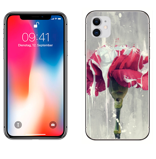Наклейка на Телефон Apple iPhone 11 Цветок в краске,  купить в Москве – интернет-магазин Allskins, Цветочек, красный, графика, рисунки, природа, краски, брызги, пятна, акварель, стебель, бутон, дизайнерская, мягкая, концепт, стильное, белый, лепестки, декоративный, мазки