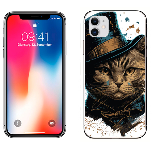 Наклейка на Телефон Apple iPhone 11 Кот в цилиндре,  купить в Москве – интернет-магазин Allskins, поп-арт, котята, котопринт, популярный, шляпа, искусство