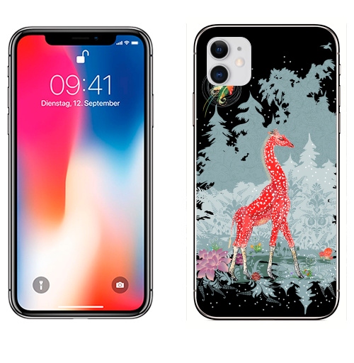 Наклейка на Телефон Apple iPhone 11 Жираф-мухомор в зимнем лесу,  купить в Москве – интернет-магазин Allskins, детские, животные, красный, лес, ночь, природа, сказки, грибы, прикольные_рисунки, милые животные, жираф, серый, новогоднеенастроение, снег