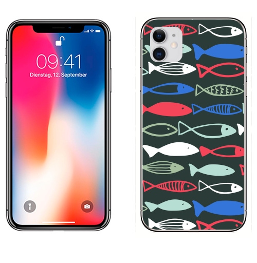 Наклейка на Телефон Apple iPhone 11 Веселые рыбехи,  купить в Москве – интернет-магазин Allskins, милые животные, детские, океаны, морская, лето, вода, графика, рыба, животные