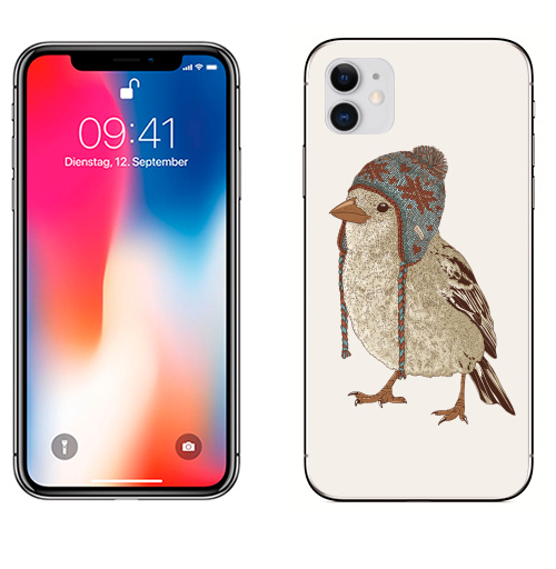 Наклейка на Телефон Apple iPhone 11 Птица в шапке,  купить в Москве – интернет-магазин Allskins, 300 Лучших работ, пипстер, шапка, птицы, зима, новый год, коричневый, крутые животные