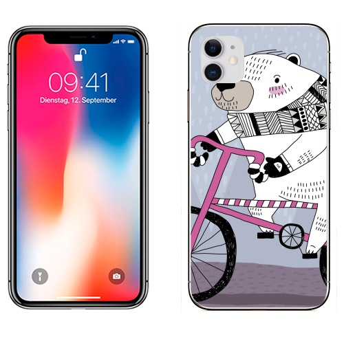 Наклейка на Телефон Apple iPhone 11 Мишка на велике,  купить в Москве – интернет-магазин Allskins, милые животные, персонажи, медведь, велосипед, животные
