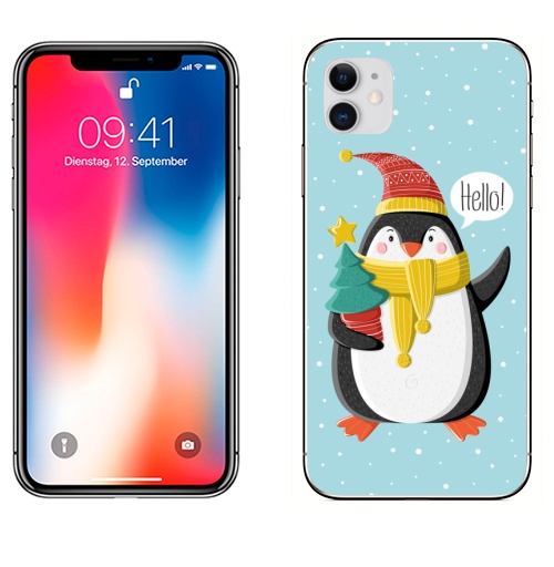 Наклейка на Телефон Apple iPhone 11 Пингвин с ёлкой,  купить в Москве – интернет-магазин Allskins, шапка, снег, новый год, пингвин, детские