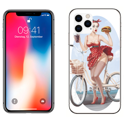 Наклейка на Телефон Apple iPhone 11 PRO Девушка кушает бургер на велосипеде,  купить в Москве – интернет-магазин Allskins, девушка, бургер, велосипед, гозировка, платье, пин ап, красный, губы, горошек, позитив, веселый, радость, еда